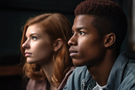 cropped shot of a young couple sitting together and looking away thoughtfully, created with generative aiの素材