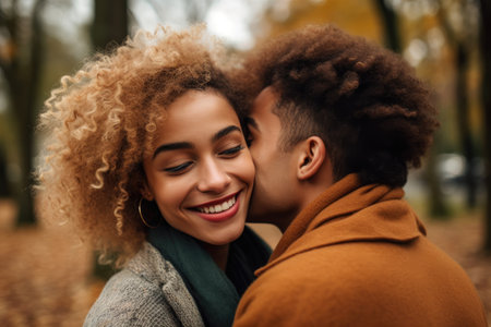 shot of an affectionate young couple embracing in a park, created with generative aiの素材