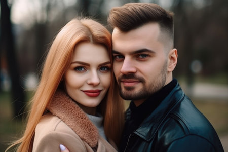 portrait of a beautiful and happy couple standing with their arms around each other, created with generative aiの素材