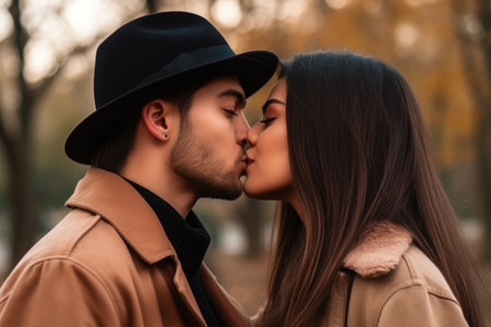 young couple, kiss and heart in park for love, relationship and dating outside, created with generative aiの素材