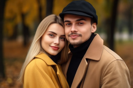 attractive young couple posing together in the park, created with generative aiの素材