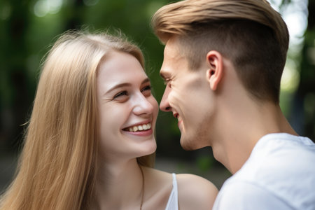 portrait of a happy young couple smiling at each other, created with generative aiの素材