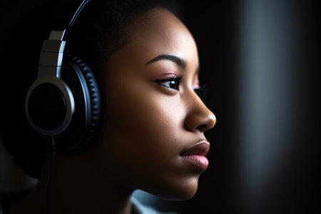 closeup shot of a young woman listening to music, created with generative aiの素材