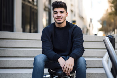 cropped shot of a young man in a wheelchair sitting on the steps outside, created with generative aiの素材