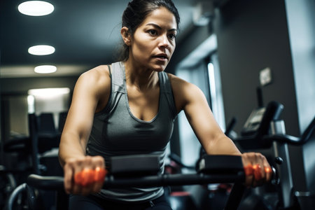 shot of a female quadriplegic athlete exercising on an exercise bike, created with generative aiの素材