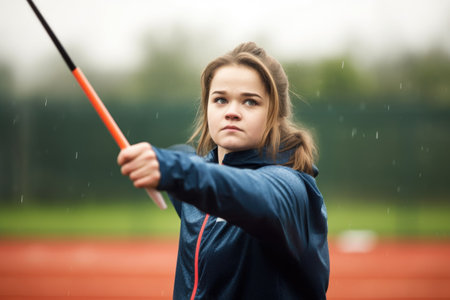 cropped shot of a young woman with disabilities preparing to throw a javelin, created with generative aiの素材