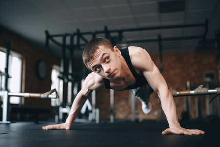 cropped shot of a young disabled athlete performing calisthenics in the gym, created with generative aiの素材