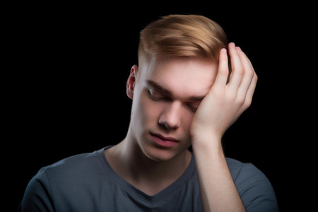 cropped shot of a young man with his hand above his head, created with generative aiの素材