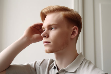 cropped shot of a young man with his hand above his head, created with generative aiの素材