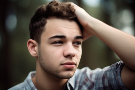 cropped shot of a young man with his hand above his head, created with generative aiの素材