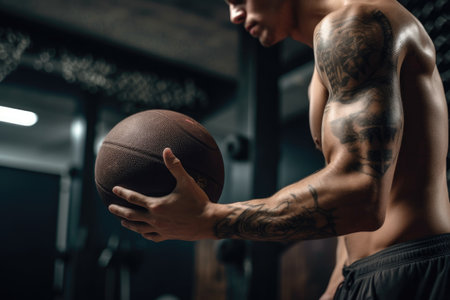 cropped shot of an unrecognizable male athlete shooting a basketball in the gym, created with generative aiの素材
