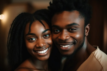 black couple, smile and portrait in home with happiness, love and care for relationship, created with generative aiの素材