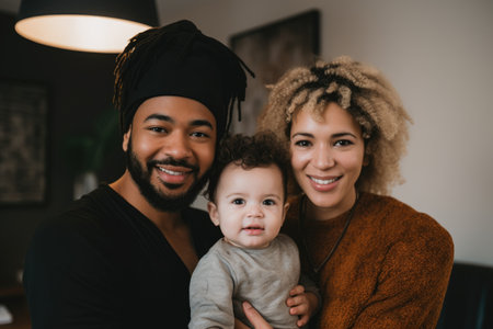 diversity, interracial and family portrait in a home video with happiness together, created with generative aiの素材