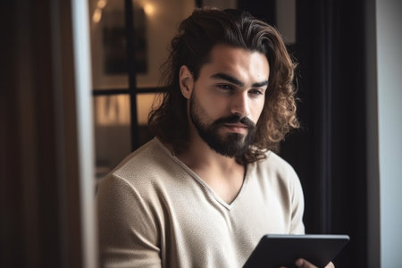portrait of a handsome young man holding a digital tablet at home, created with generative aiの素材