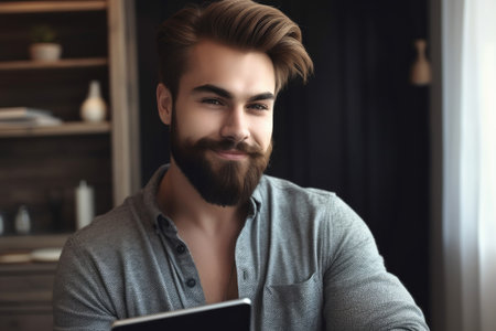 portrait of a handsome young man holding a digital tablet at home, created with generative aiの素材