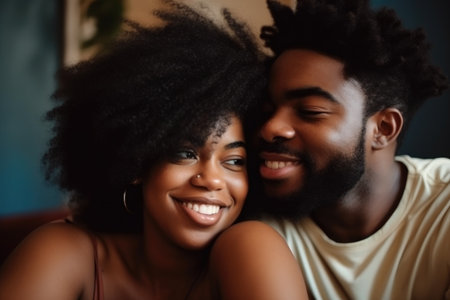love, couple and black woman with smile at home for bonding, care or affection in living room, created with generative aiの素材