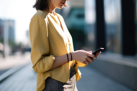 cropped shot of a woman using her cellphone while standing outdoors, created with generative aiの素材