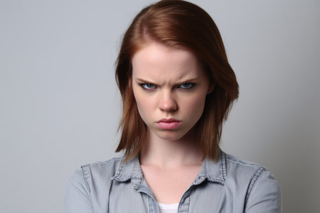studio shot of an attractive young woman looking angry against a gray background, created with generative aiの素材
