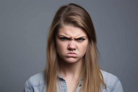 studio shot of an attractive young woman looking angry against a gray background, created with generative aiの素材