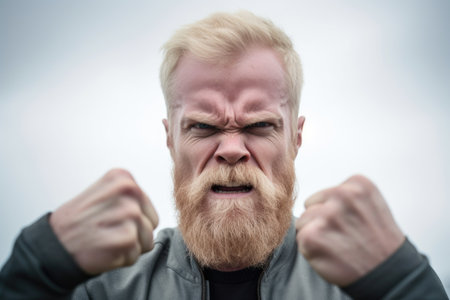 shot of an unrecognizable man looking angry with his fist in the air, created with generative aiの素材