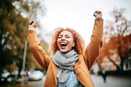 shot of an excited young woman celebrating while standing outside, created with generative aiの素材