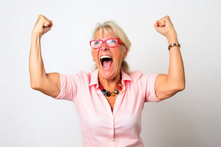 excited, happy and portrait of a woman cheering in studio with excitement for victory or celebration, created with generative aiの素材