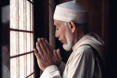 prayer, mosque and muslim man with hands for hope, freedom and worship in a building, created with generative aiの素材