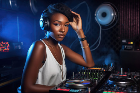 music, party and portrait of a black woman in nightclub for celebration or happy house music, created with generative aiの素材