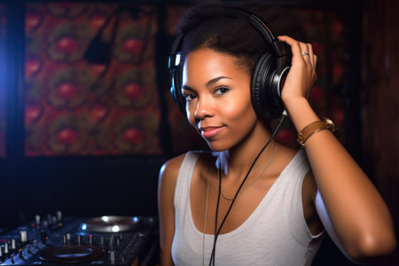 music, party and portrait of a black woman in nightclub for celebration or happy house music, created with generative aiの素材