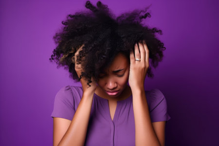 unhappy, upset and crying with a black woman in studio isolated on a purple background for mental health, created with generative aiの素材