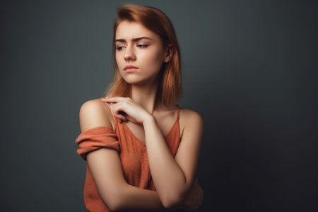 shot of a worried young woman feeling her arm, created with generative aiの素材