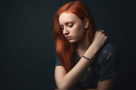 shot of a worried young woman feeling her arm, created with generative aiの素材