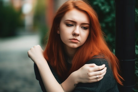 shot of a worried young woman feeling her arm, created with generative aiの素材