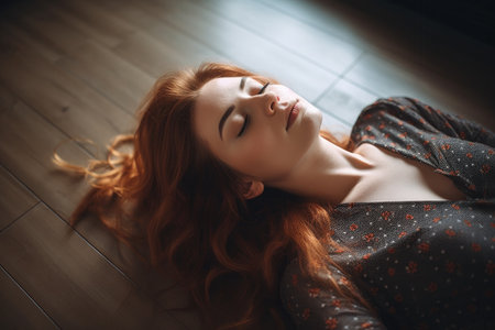 shot of a beautiful young woman lying on the floor with her eyes closed, created with generative aiの素材