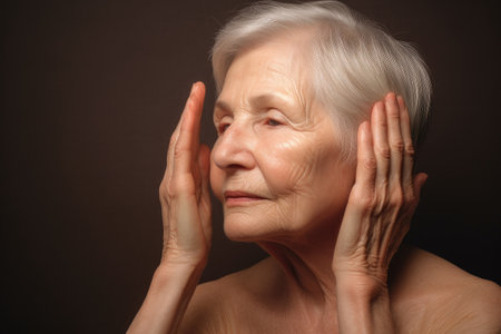 portrait, hands and skincare with woman in studio isolated on a brown background, created with generative aiの素材