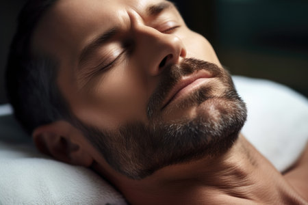 shot of a man lying on his back and relaxing at the spa, created with generative aiの素材