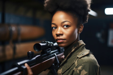 portrait of an ethnic woman holding a rifle in a shooting range, created with generative aiの素材