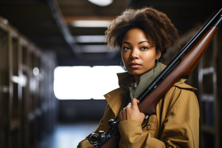 portrait of an ethnic woman holding a rifle in a shooting range, created with generative aiの素材