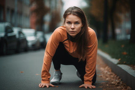 a young woman stretching in preparation for a run, created with generative aiの素材