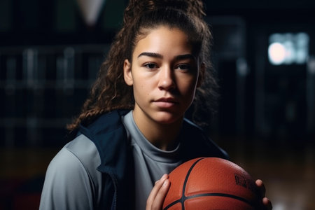 portrait of a young female basketball player wearing sportswear and holding a basketball, created with generative aiの素材