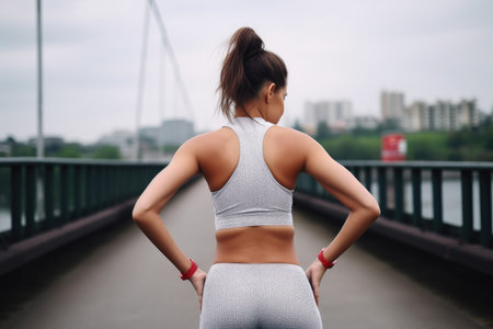 rearview shot of a young woman holding her back in pain after a jog, created with generative aiの素材