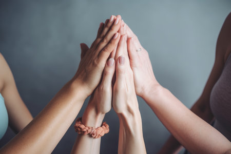 fitness, yoga and hands with women in studio for exercise, healthy lifestyle and wellness together, created with generative aiの素材