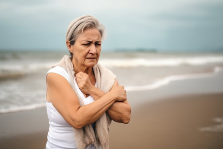 fitness, exercise and mature woman with pain in hand or wrist at beach for sports break, created with generative aiの素材