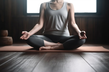 woman, yoga and stretching legs in studio for health wellness, peace of mind and flexibility, created with generative aiの素材