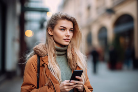 portrait of an attractive young woman using her phone while standing outside, created with generative aiの素材