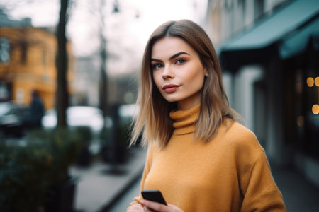 portrait of an attractive young woman using her phone while standing outside, created with generative aiの素材