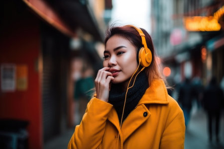 woman, face and headphone talking with smile in city street while communication on mobile, created with generative aiの素材