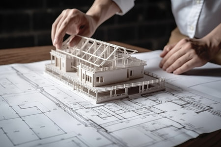 planning, engineering and architect with blueprint for building construction or project development, created with generative aiの素材