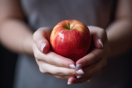 woman hand, apple and diet food for weight loss, healthy lifestyle or body wellness, created with generative aiの素材