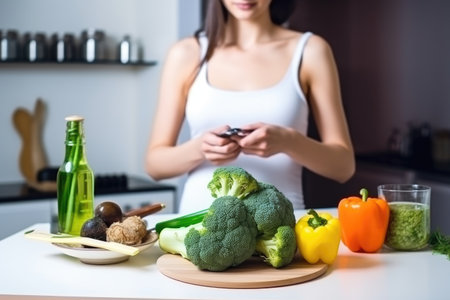 woman, diet and broccoli in the kitchen while cooking healthy food for her diet or slimming plan, created with generative aiの素材